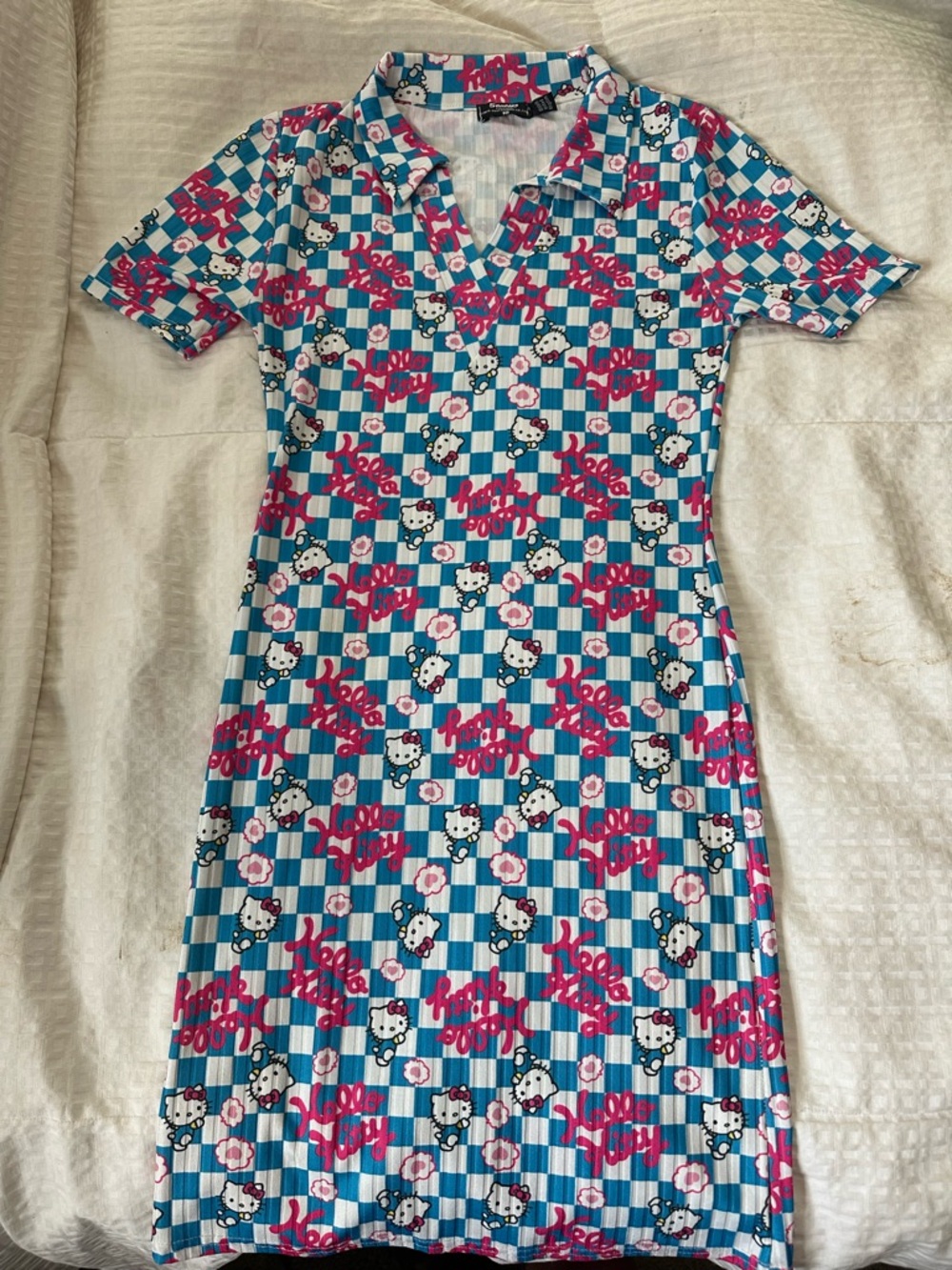 Sanrio Blue and White Check Hello Kitty Polo Mini Dress with Pink Accents